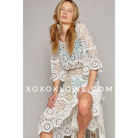 POL Off White Cotton Crochet Half Sleeve Relaxed Fit A Line Dress - Picture 3 of 11